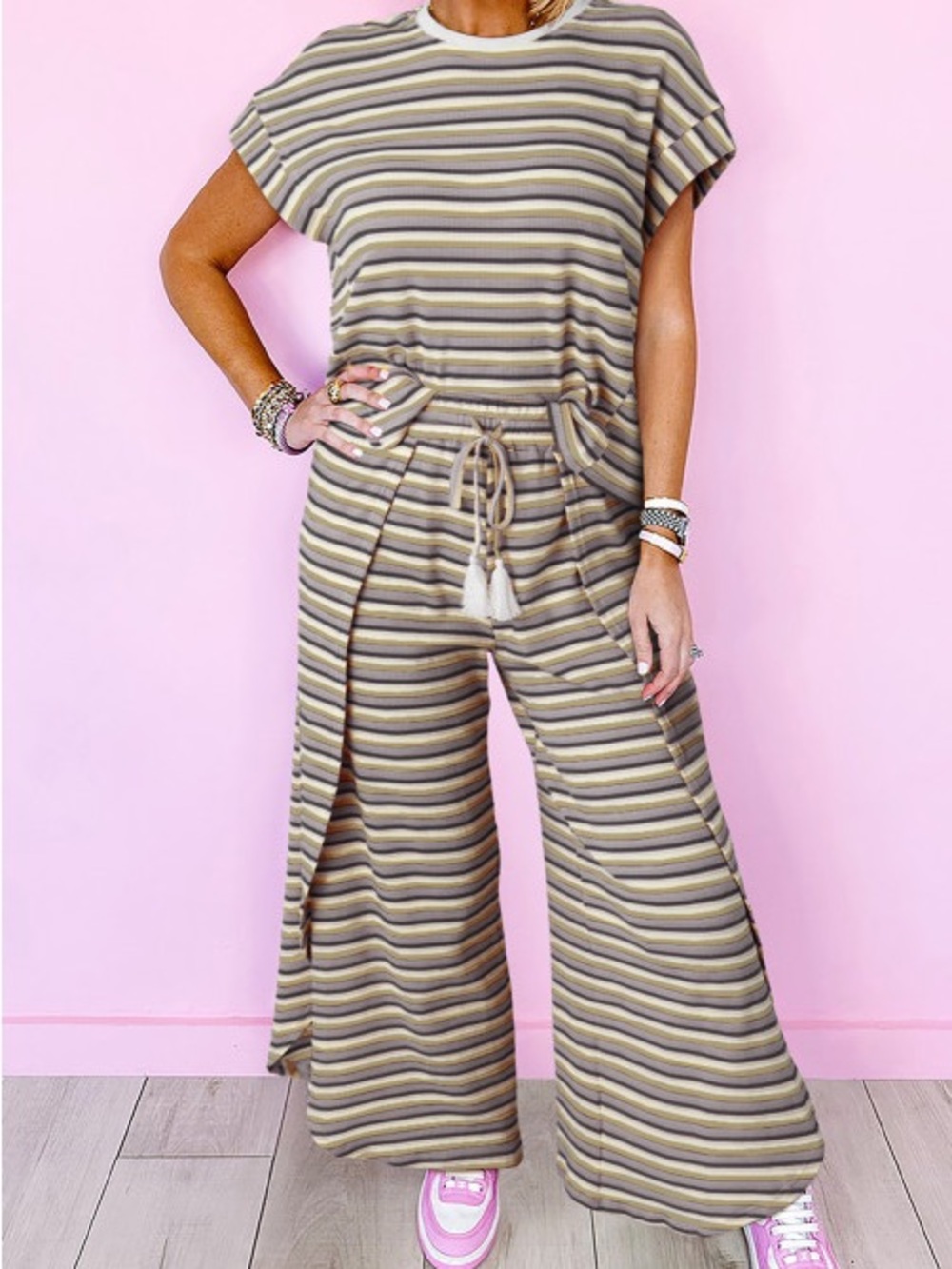 Striped Wide-Leg 2 pc set  with Drawstring Waist - black Stripes XL